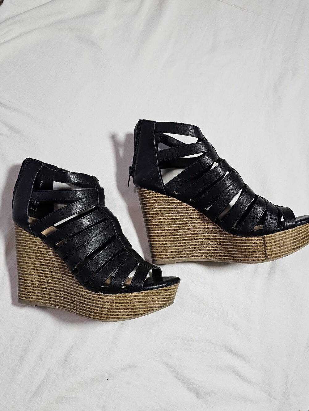 Report Black Strappy Wedge Sandals with Stacked Wood-Look Platform